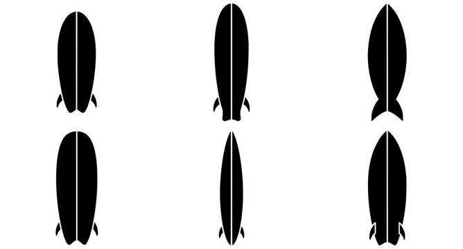 A minimalist graphic showcases 6 black surfboard silhouettes. Transparent PNG version.