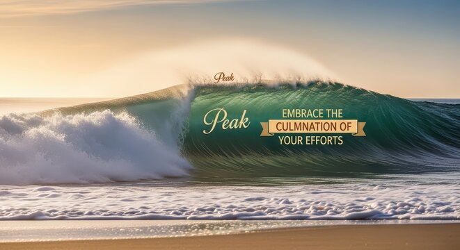 Powerful Ocean Wave Crashing at Sunrise with Motivational Text "Peak" and "Embrace the Culmination of Your Efforts"