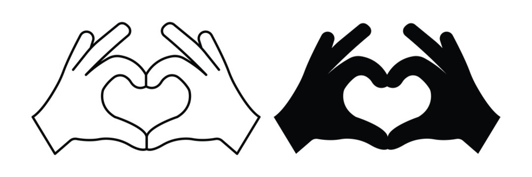 A graphic illustration of hands creating a heart gesture. Includes two variations: a clean black line art version and a filled black silhouette.