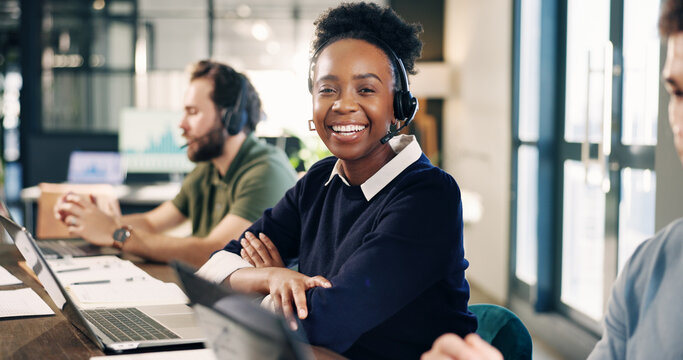 Headset, woman and portrait of call center consultant in office for crm, help desk or consultation. Mic, coworking and technical support agent with laptop for enquiry, contact us or customer service.