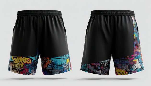 Streetwear basketball shorts with vibrant graffiti print front and side views
