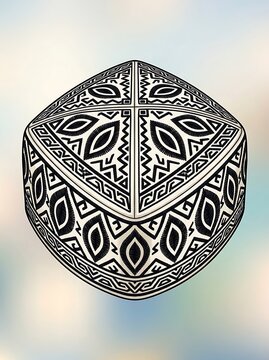 Traditional embroidered skullcap with black and white folk patterns