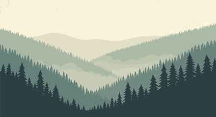 Misty mountain valley with layers of evergreen pine forest © nando