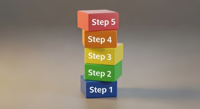Stack of colorful wooden blocks labeled with numbers 1 to 5 representing steps in a process or sequence