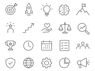 Fototapeta premium Minimal Business and Productivity Outline Icons Set – Modern Thin Line UI Symbols for Web, Mobile, Dashboard, Analytics, Startup and Interface Design