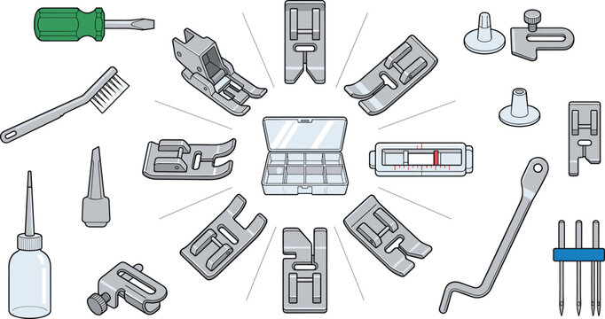 Sewing Machine Presser Feet and Maintenance Tool Kit Vector Icon Set Featuring Various Attachment Feet, Screwdriver, Oil Bottle, and Needles