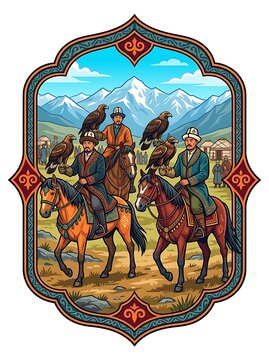 Traditional central asian eagle hunters on horseback in mountains