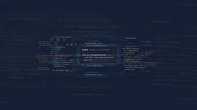 Digital screen displaying scrolling computer code with highlighted syntax for software development and programming