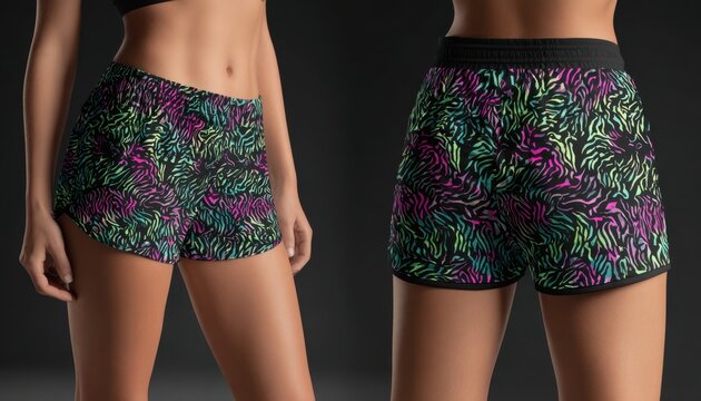 Vibrant women's running shorts with neon abstract pattern fitness apparel mockup