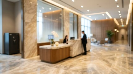 Fototapeta premium A modern office reception area with a male visitor interacting with a female receptionist at a marble desk.