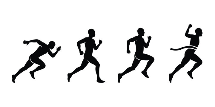 Black silhouettes depicting a runner in sequence, from starting position to crossing finish line tape.