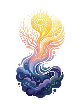 Abstract cycle of consciousness from night dreams to daylight sun
