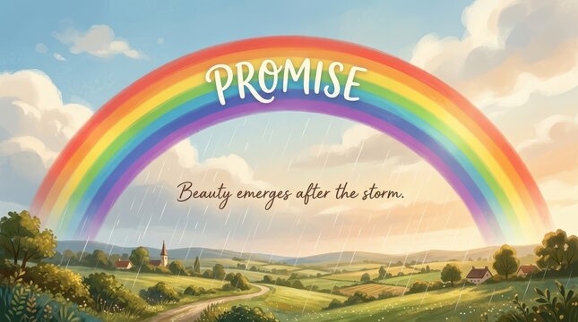 Vibrant rainbow arching over a lush green countryside with text 'PROMISE' and 'Beauty emerges after the storm'