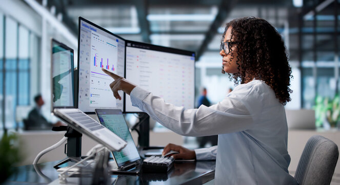 Young African Woman Reviews Risk Dashboard On Laptop