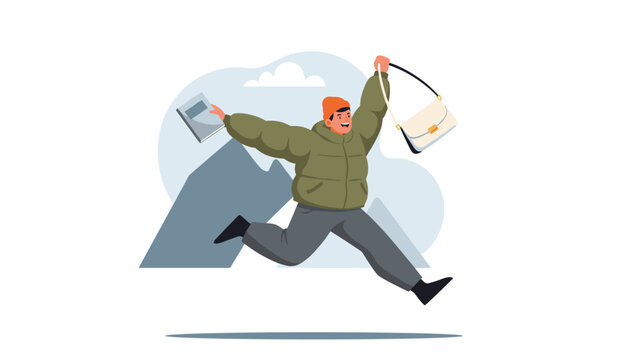 Happy young man in a green winter jacket running joyfully with a book and a bag against a mountain backdrop.