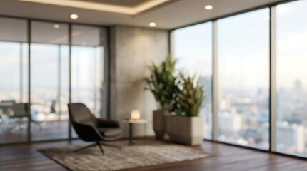 Fototapeta premium A modern office lounge area with large windows offering a panoramic city view, featuring a comfortable armchair and lush indoor plants.