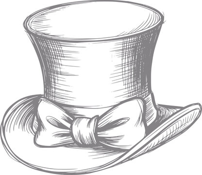 Dibujo a mano de un sombrero cl&aacute;sico con un lazo decorativo, aislado sobre un fondo blanco liso