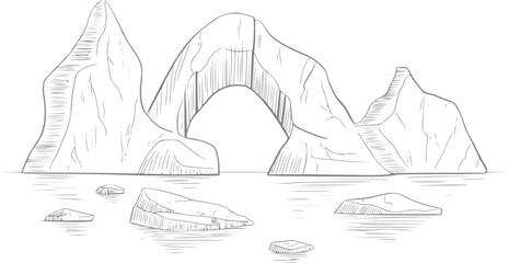 Dibujo a mano de un gran iceberg con una formación de arco natural flotando en el océano frío © Vector_Mint