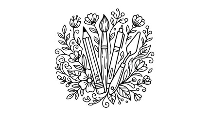 Industrial Style Black and White Artistic of Writing Instruments Surrounded by Floral Elements with high quality professional line art symbols for modern creative design and digital branding projects © M UMAM
