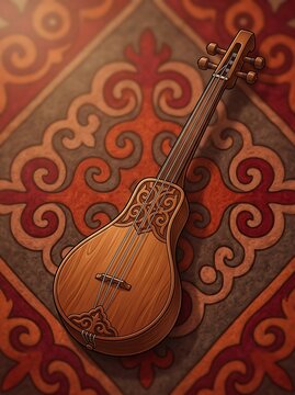 Traditional central asian wooden string instrument on ornamental rug