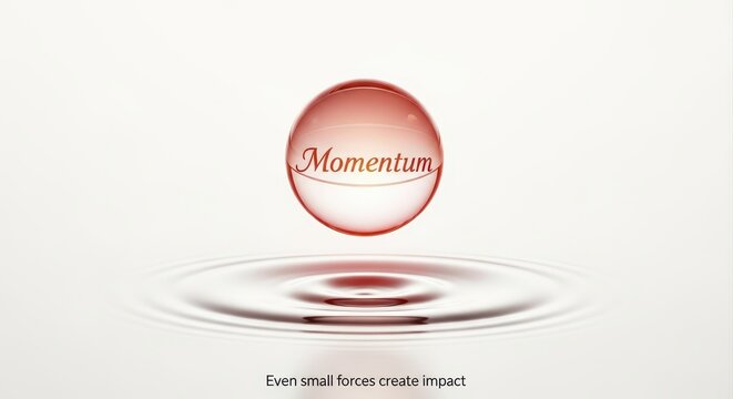 Red translucent sphere with the word Momentum reflecting on rippling water surface, symbolizing impact and effect