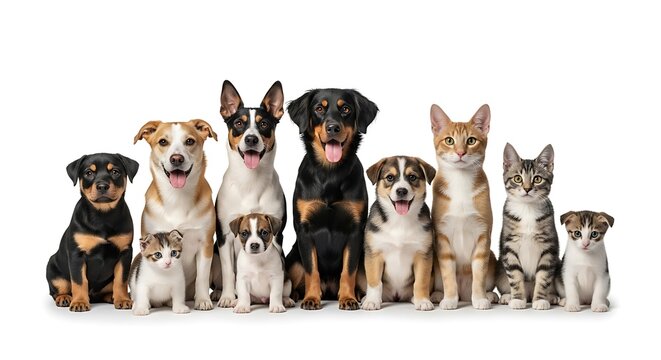 Group of nine diverse dogs standing in a row.