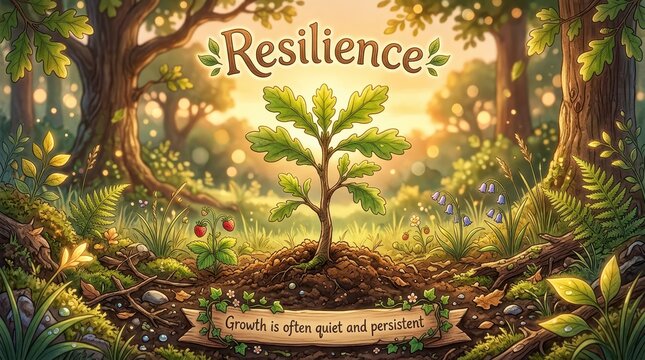 Resilience: A young oak sapling growing strong in a sun-dappled forest, symbolizing persistence and natural growth