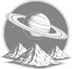 Monocromo estilizado que muestra el planeta Saturno elevándose sobre una cordillera dentada en el espacio profundo © Vector_Mint