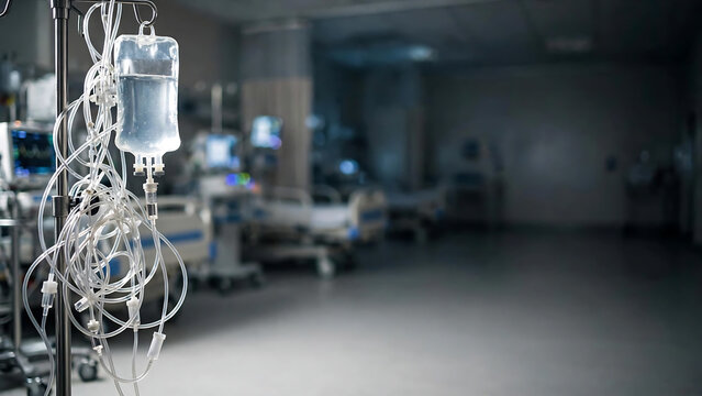 Medical intravenous drip bag with saline solution in a blurred hospital intensive care unit background