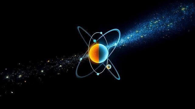 A striking and minimalist conceptual artwork featuring a central atomic structure where the nucleus is reimagined as a glowing celestial planet.