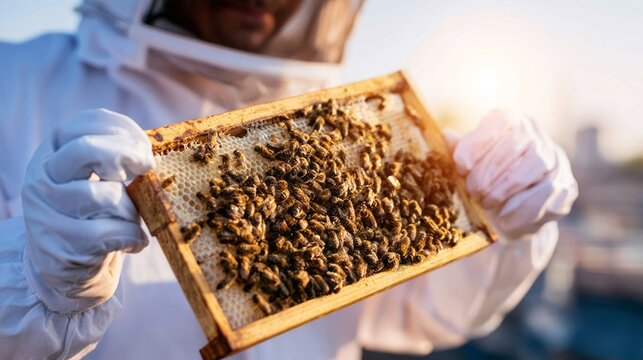 Professional Beekeeper Carefully Inspecting Honeycomb Frame Under Bright Sunlight at Apiary Site