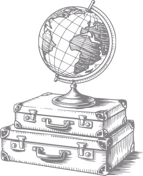 Dibujo a mano vintage de un globo terr&aacute;queo apoyado en una pila de dos maletas de viaje antiguas