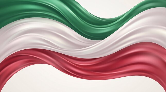 Elegant silk fabric waves featuring vibrant red white and green colors flowing smoothly in a realistic three dimensional digital render