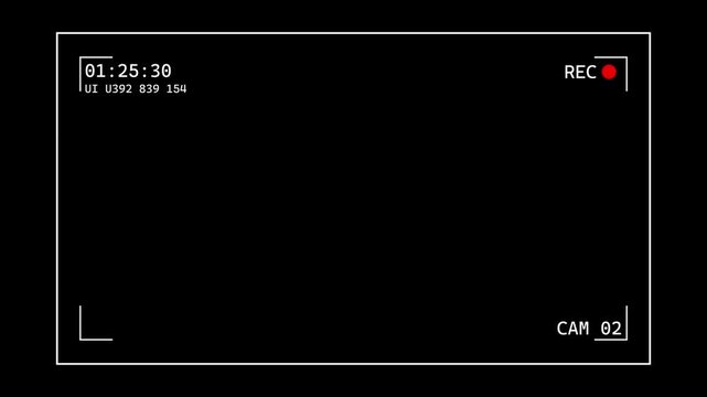 Minimal camera recording viewfinder overlay featuring REC indicator, digital timecode, framing guides, and camcorder interface. Suitable for video editing, filmmaking, surveillance, vlog, documentary,