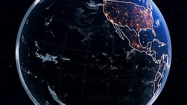 Global Earth Globe Rotating Showing Mexico and North America at Night with City Lights