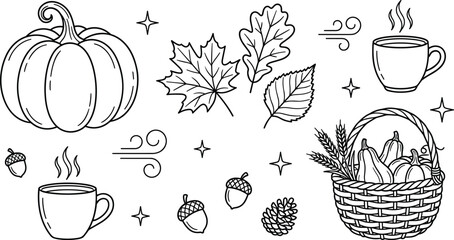 Autumn and thanksgiving harvest doodle element set with large pumpkin, falling maple leaves, hot mugs, acorns, and woven wicker basket for seasonal coloring pages © Morjina