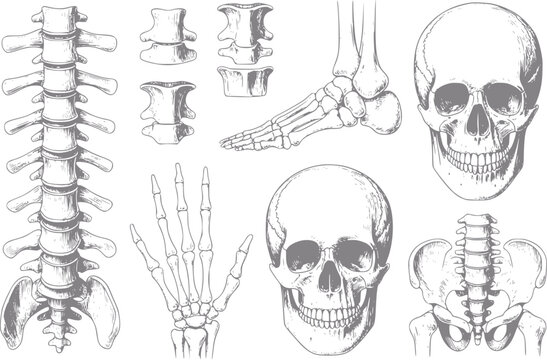 Anat&oacute;mico vintage detallado de partes del esqueleto humano que incluyen cr&aacute;neos, columna vertebral, huesos de manos y pies