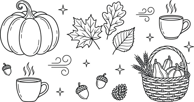 Autumn and thanksgiving harvest doodle element set with large pumpkin, falling maple leaves, hot mugs, acorns, and woven wicker basket for seasonal coloring pages