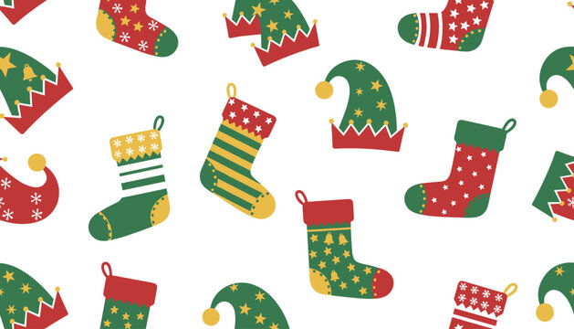 Festive seamless pattern with colorful Christmas stockings and green elf hats decorated with golden stars on white.
