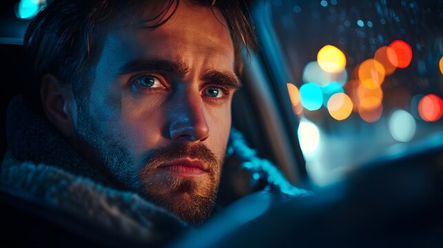 Close-up of a dazed driver gripping steering wheel under neon city lights, eyes wide with intoxication, rain streaking windshield. Tense moment captured in cinematic lighting.