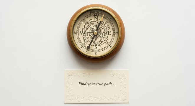 Vintage compass pointing north with inspirational quote 'Find your true path' on white background