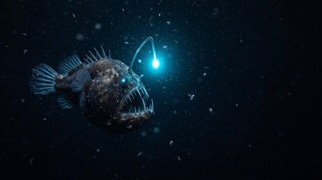 Deep sea anglerfish swimming through the dark water with a glowing bioluminescent lure attached to its sharp predatory head