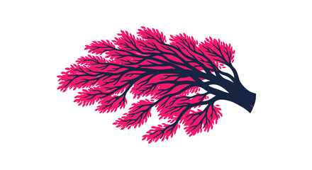 Stylized tree branch with vibrant pink leaves blowing in the wind © arka