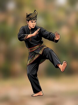 Martial artist in traditional attire practicing silat movements