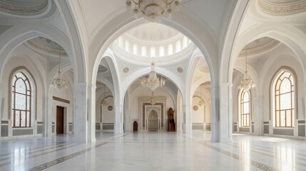 Obraz premium Beautiful Mosque Interior with White Marble Pillars Islamic Arch and Crystal Chandeliers