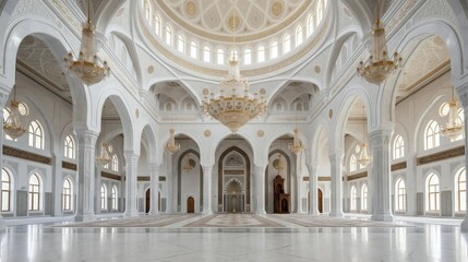 Fototapeta premium Grand Mosque Prayer Hall Interior with Large Luxury Chandelier and White Marble Architecture