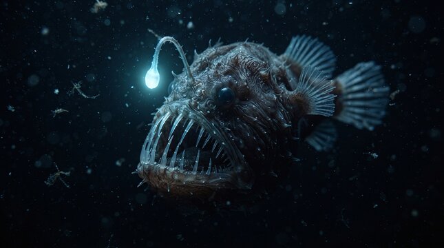 A deep sea anglerfish swims through the dark ocean depths while glowing with its signature bioluminescent lure at night time