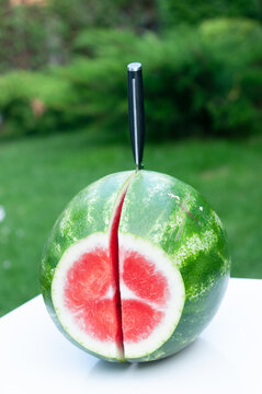 Ripe Watermelon Being Cut in Half with Knife on White Table Outdoors