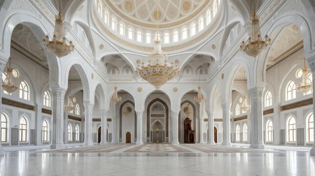 Grand Mosque Prayer Hall Interior with Large Luxury Chandelier and White Marble Architecture