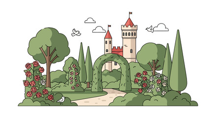 Medieval castle nestled in a lush rose garden © arka